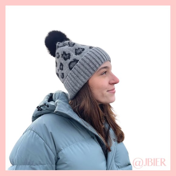 Adrienne Landau Leopard Beanie with Faux Fur Pom in Gray